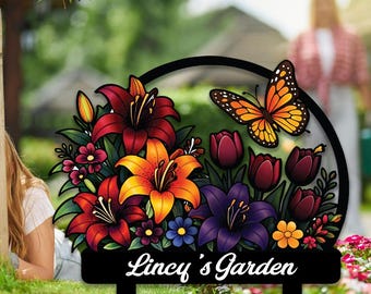 Personalized Garden Stake Metal Sign – Custom Name Flower Garden Decor – Butterfly Floral Yard Sign – Outdoor Garden Gift