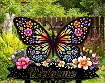 Butterfly Garden Stake Welcome Sign, Metal Yard Art Decor, Floral Outdoor Garden Decoration, Colorful Butterfly Lawn Stake Gift