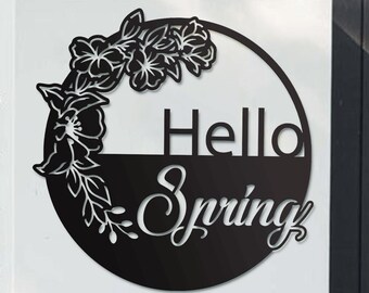 Cartello in metallo "Ciao Primavera": ghirlanda floreale, decorazione verniciata a polvere