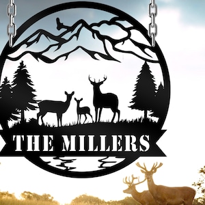 Deer Family Outdoor Scene,Deer Metal Sign,Nature Lover Metal Wall Art,Customized Family Name Sign, Mother's Day precents,Mountain Deer Scene