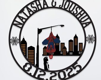 Personalized Metal Sign, Custom Spider Web Design with Cityscape, Couple Silhouette Commemorative Date for Romantic Display, Valentine Gift