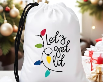Let's Get Lit With Lights Christmas Bag, Holiday Hangover Kit, Bachelorette Recovery Pouch, Festive Drawstring Bag, Party Survival Kit
