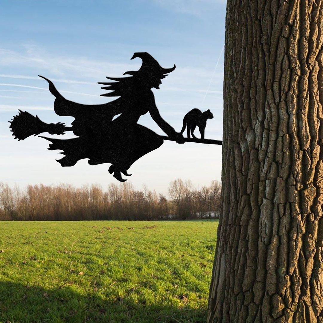Witch on Broom With Black Cat Metal Yard, Witch Yard Stake, Witch