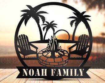 Personalized Beach Campfire Metal Sign: Outdoor Fire Pit Monogram
