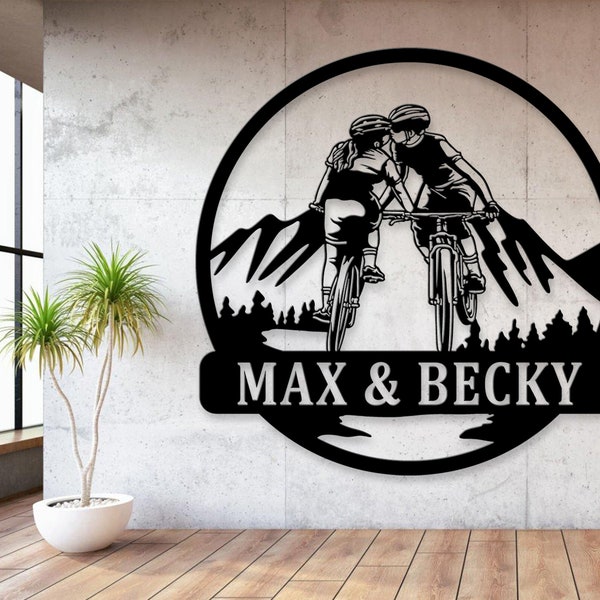 Custom Couples Name Biker Sign, Mountains& Trees Cycling Wall Art, Bicycle Metal Sign, Friends Gettogether Bicycling Sign, Bicycle Love Sign