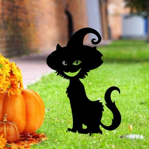 Spooky Cat Stakes - Black Cat Yard Decoration - Halloween Yard Stake - Black Cat with witch Hat - Halloween Outdoor Décor -Hissing Black Cat