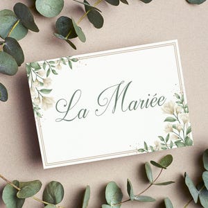 Carte de placement Mariage - Baptême - Anniversaire / Marque place invité avec prénom - Papeterie de table élégante feuillage vert sauge