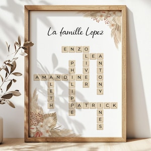 Personalized family poster • Scrabble names • Crossword poster • Wall decor • Pampas grass • Gift • Intertwined illustration