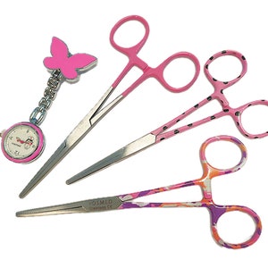 Nurse Kocher clamp - pink prints - per piece or set of three with nurse watch - with personalization option