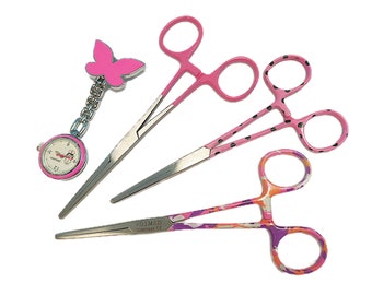 Pinza Nurse Kocher - estampados rosas - por pieza o juego de tres con reloj de enfermera - con opción de personalización