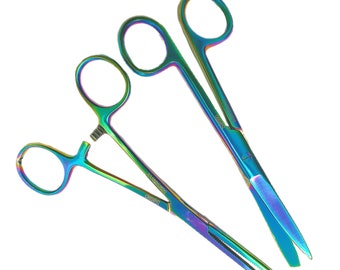 Verpleegkundige schaar en kocher set  - Rainbow finish - kocher klem + chirurgische schaar - with personal engraving option.