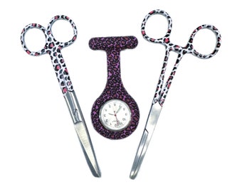 Kocher + tijeras para vendas + reloj de enfermera - Pink Leopard - juego de tijeras de enfermera y pinza con reloj