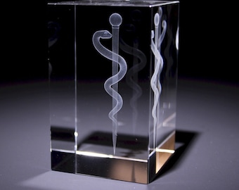 Aesculaap - 3D glazen blok - Dokter cadeau / Geneeskunde student cadeau - presse papier