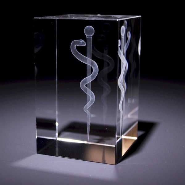 Esculape - Bloc de verre 3D - Cadeau docteur / Cadeau étudiant en médecine - presse-papier
