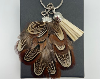 Country style feather key chain with tassel,  feather keyring, gift ideas