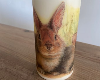 Rabbit candle, hand decorated unscented pillar candle, spring home decor, Easter gift ideas.