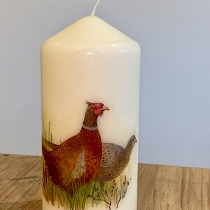 May include: A white pillar candle with a printed image of two pheasants in a grassy field. The pheasant on the left is brown and has a red head. The pheasant on the right is gray.