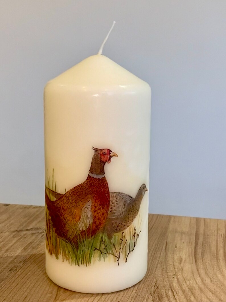 May include: A white pillar candle with a printed image of two pheasants in a grassy field. The pheasant on the left is brown and has a red head. The pheasant on the right is gray.