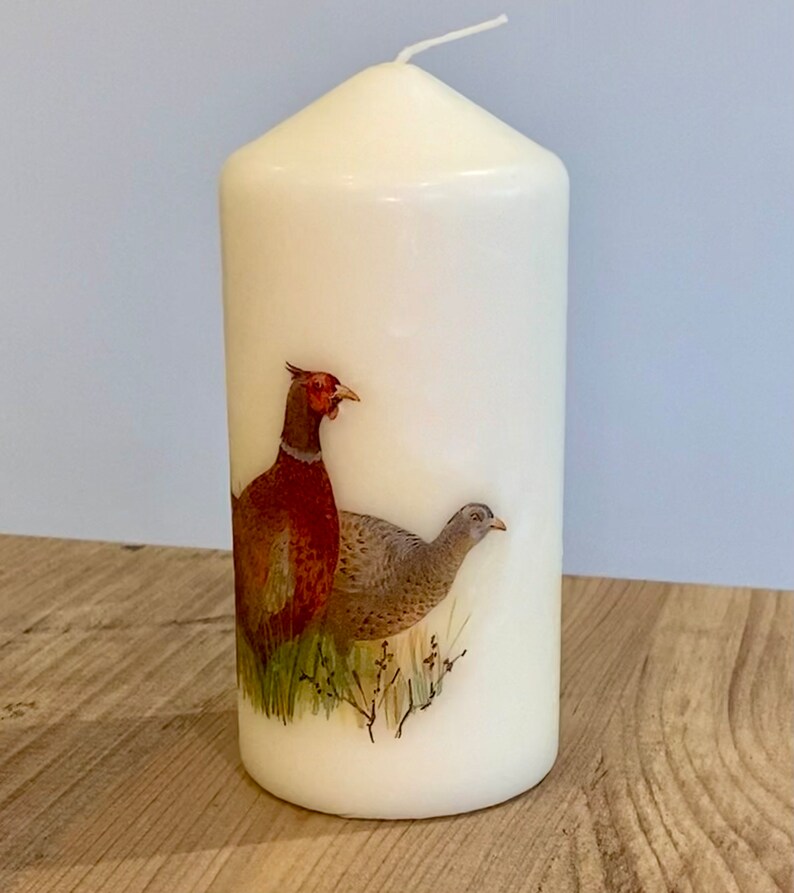 May include: A white pillar candle with a painted image of two pheasants. The pheasants are brown and gray with red accents. The candle is on a wooden surface.
