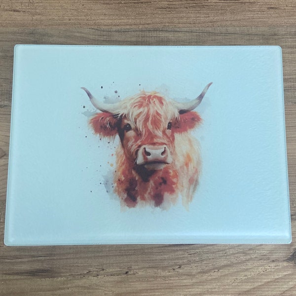 Highland cow Glass cutting board, worktop saver, heat protected, display platter