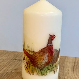May include: A white pillar candle with a printed image of a pheasant in a grassy field. The pheasant is brown, gray, and red.