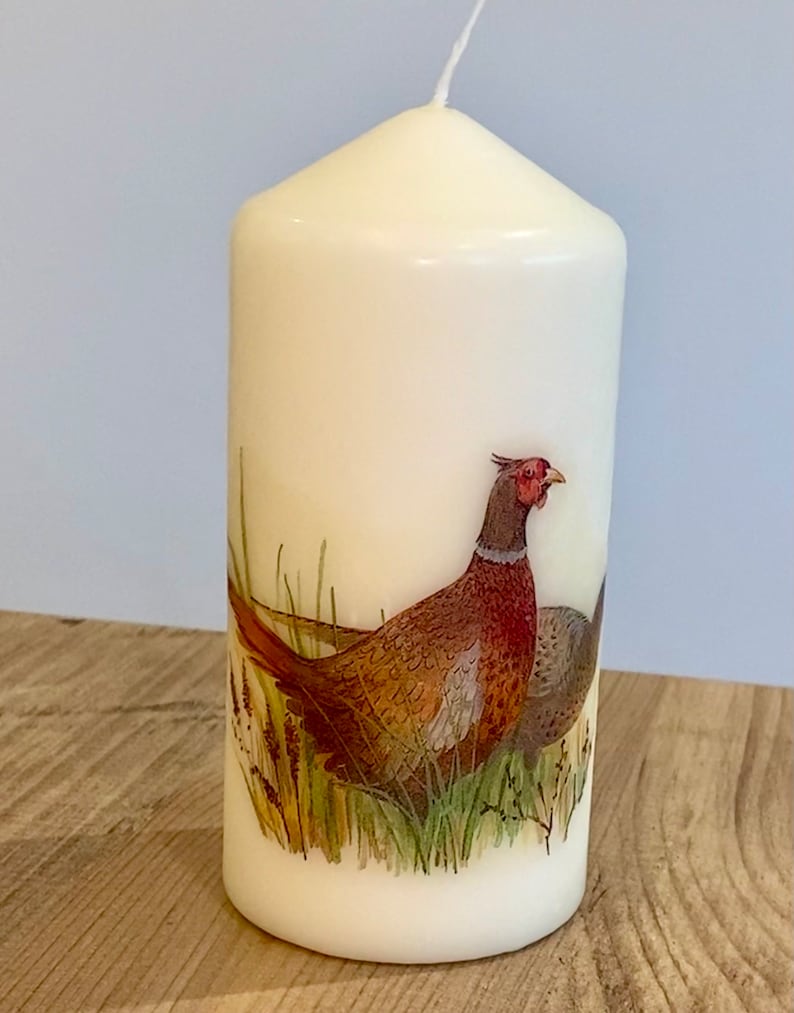 May include: A white pillar candle with a printed image of a pheasant in a grassy field. The pheasant is brown, gray, and red.