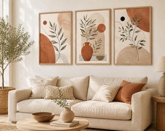 Conjunto de láminas decorativas de terracota estilo bohemio con motivos botánicos para pared (descarga digital)