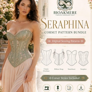 May include: A digital sewing pattern bundle titled Seraphina by Bioakmere. It features a sage green floral corset, four line-art style corset variations, and icons indicating beginner-friendly status, sizes XS-XXL, A4/A0/projector formats, and instant download.