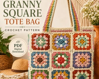 Patrón de bolso de ganchillo cuadrado estilo abuela / Bolso de mercado estilo boho (descarga en PDF)