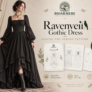 Può includere: Un abito nero a maniche lunghe con scollo quadrato e gonna a strati con orlo asimmetrico. L'immagine include il testo: BIOAKMERE, Ravenveil Gothic Dress, DIGITAL PDF SEWING PATTERN, SEW CREATE WEAR SOMETHING EXTRAORDINARY, INSTANT DOWNLOAD, Sizes XS-5XL.