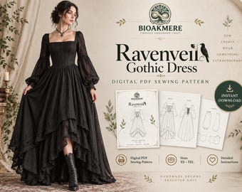 Patrón de costura en PDF para vestido gótico Ravenveil, vestido victoriano con corsé y mangas abullonadas (tallas XS-5XL)