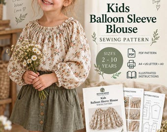Patrón de costura para blusa infantil con mangas abullonadas y top con volantes para niñas (tallas 2-10)