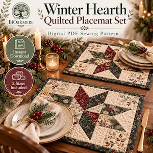 Può includere: Un cartamodello digitale in PDF per un set di tovagliette trapuntate Winter Hearth di Bioakmere. Le tovagliette presentano un design a stella in tessuto rosso, verde e crema con motivi di agrifoglio e pino. Testo: Winter Hearth.