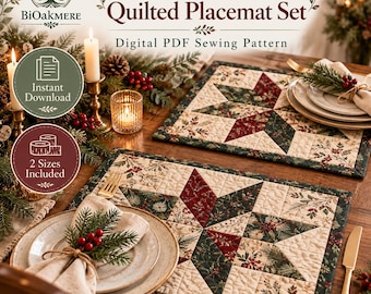 May include: A digital PDF sewing pattern for a Winter Hearth Quilted Placemat Set by Bioakmere. The placemats feature a star design in red, green, and cream fabric with holly and pine patterns. Text includes Winter Hearth Quilted Placemat Set.