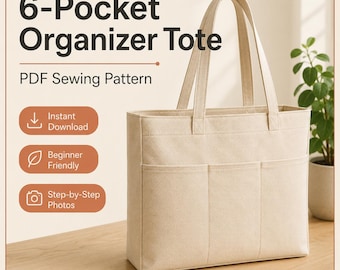 Patrón de costura para bolso tote organizador de 6 bolsillos – PDF para principiantes (descarga digital) - bolso tote