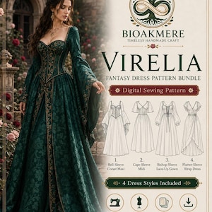May include: A digital sewing pattern bundle titled VIRELIA by BIOAKMERE featuring a dark green floor-length dress with gold embroidery. The graphic displays four dress styles: bell-sleeve corset maxi, cape-sleeve midi, bishop-sleeve lace-up gown, and flutter-sleeve wrap dress. Includes icons for sizes XS-XXL and A4/A0/projector formats.