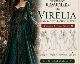 Paquete de patrones de costura en PDF para vestido de fantasía renacentista: Corsé maxi, manga obispo y chal, tallas XS–XXL