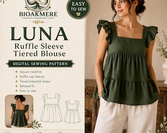 Ruffle Sleeve Blouse Sewing Pattern PDF, Square Neck Tiered Top, XXS–5XL