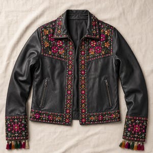 May include: A black leather jacket featuring intricate floral embroidery in shades of pink, orange, and green along the collar, front placket, and hem. The long sleeves have matching embroidered cuffs finished with small, multi-colored hanging tassels.