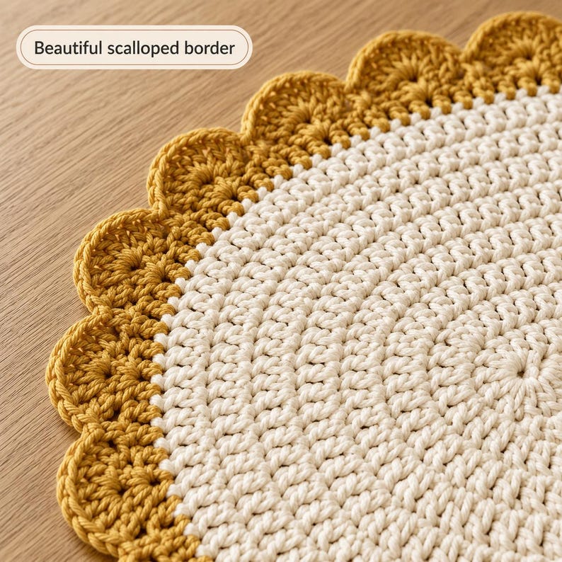 May include: A round crocheted mat featuring a central cream-colored section with a textured stitch pattern and a mustard yellow scalloped border. The text "Beautiful scalloped border" is visible in the upper left corner of the image.