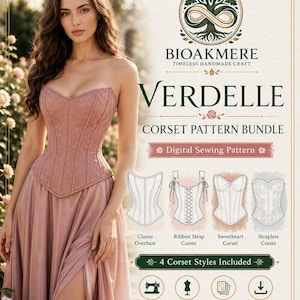 May include: A digital sewing pattern bundle titled BIOAKMERE VERDELLE featuring four corset styles: classic overbust, ribbon strap, sweetheart, and strapless. The document includes sewing icons, size range XS-XXL, and A4, A0, and projector file formats.