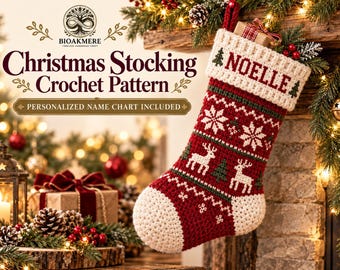 May include: A crochet Christmas stocking featuring a red and white color scheme with reindeer, snowflake, and tree motifs. The white cuff displays the name NOELLE in red text. The image includes the text Christmas Stocking Crochet Pattern.