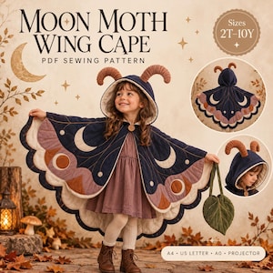 Könnte beinhalten: Ein PDF-Schnittmuster für ein Mondmotte-Flügel-Cape in den Größen 2T-10Y. Das dunkelblaue Cape hat cremefarbene, malvenfarbene und rostrote Flügelmuster, eine Kapuze mit braunen Fühlern und einen Holzknopf. Enthält A4-, US-Letter-, A0- und Projektordateien.