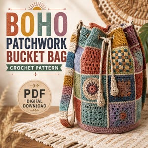 Boho Patchwork Bucket Bag Crochet Pattern | Scrap Yarn Drawstring Bag PDF