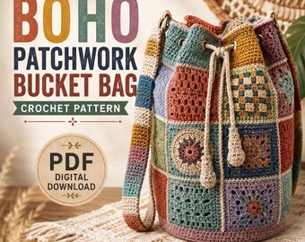 Patrón de ganchillo para bolso tipo cubo estilo boho patchwork / PDF con cordón ajustable y restos de hilo