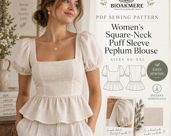 Patrón de costura para blusa peplum de mujer con cuello cuadrado y mangas abullonadas (PDF)