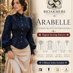 Peut inclure: Un ensemble de patrons de couture numérique intitulé Arabelle par Bioakmere pour un chemisier victorien. L'image montre un chemisier en dentelle bleu foncé avec des manches longues et des boutons perlés, ainsi que quatre variantes en dessin.