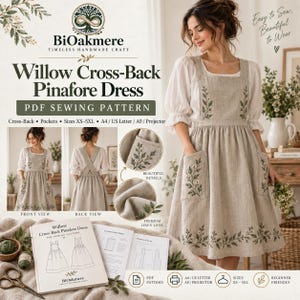 Könnte beinhalten: Ein PDF-Schnittmuster für ein Willow Cross-Back Pinafore-Kleid von BiOakmere. Das Bild zeigt eine beigefarbene Schürze in Leinenoptik mit Blumenstickerei an den Taschen und am Saum, mit Kreuzträgern, Taschen und in den Größen XS-5XL.