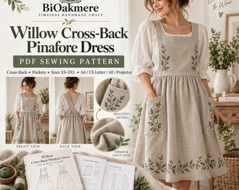 Pinafore Dress Sewing Pattern PDF, Cross Back Apron Dress, Women XS–5XL, A0 + Projector