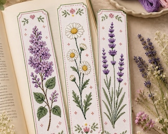 Conjunto de patrones de punto de cruz para marcapáginas de flores silvestres de primavera: Bordado botánico floral (PDF) - Marcador